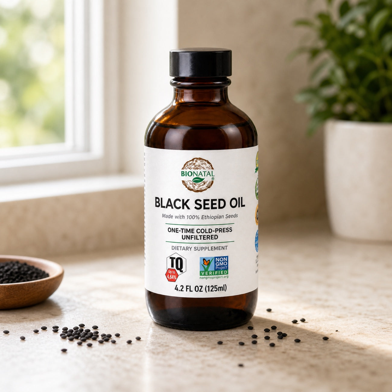4.2 oz BioNatal Ethiopian black seed oil bottle on a kitchen counter